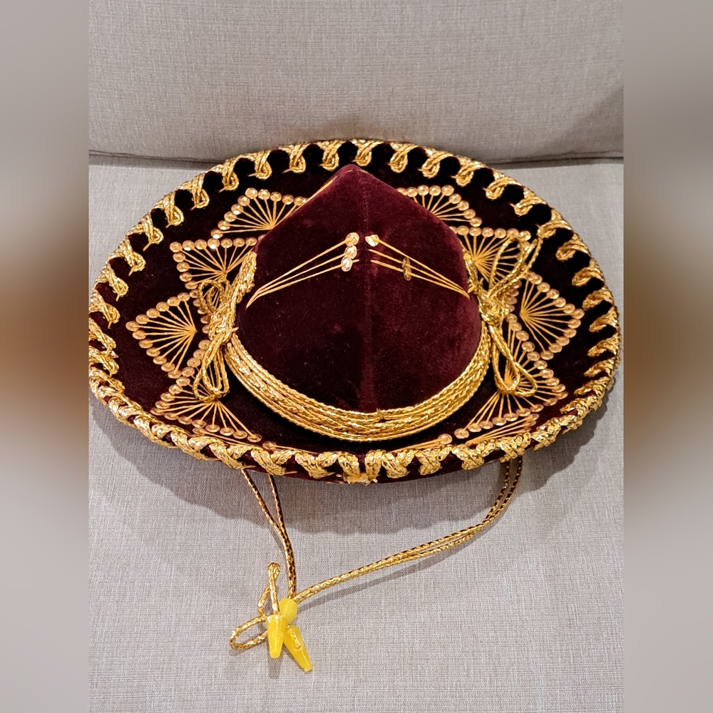 Vintage Red Velvet Sombrero With Gold Embroidery & Tassels Salazar Yepez Youth